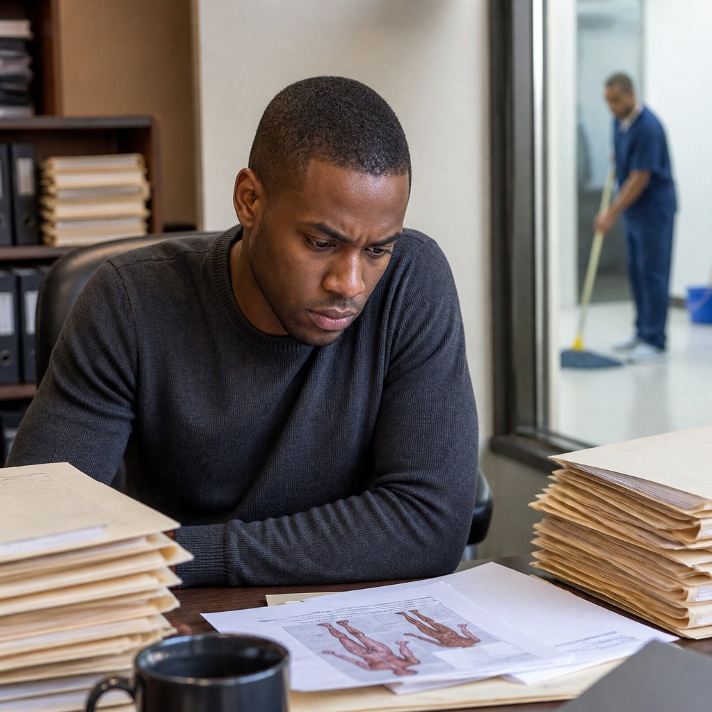 Determined man reviews documents in office with janitor visible outside window.