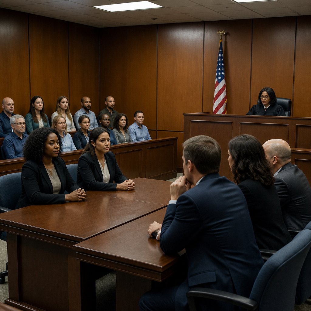 American courtroom with judge in black robe, jury seated, and plaintiff at her table