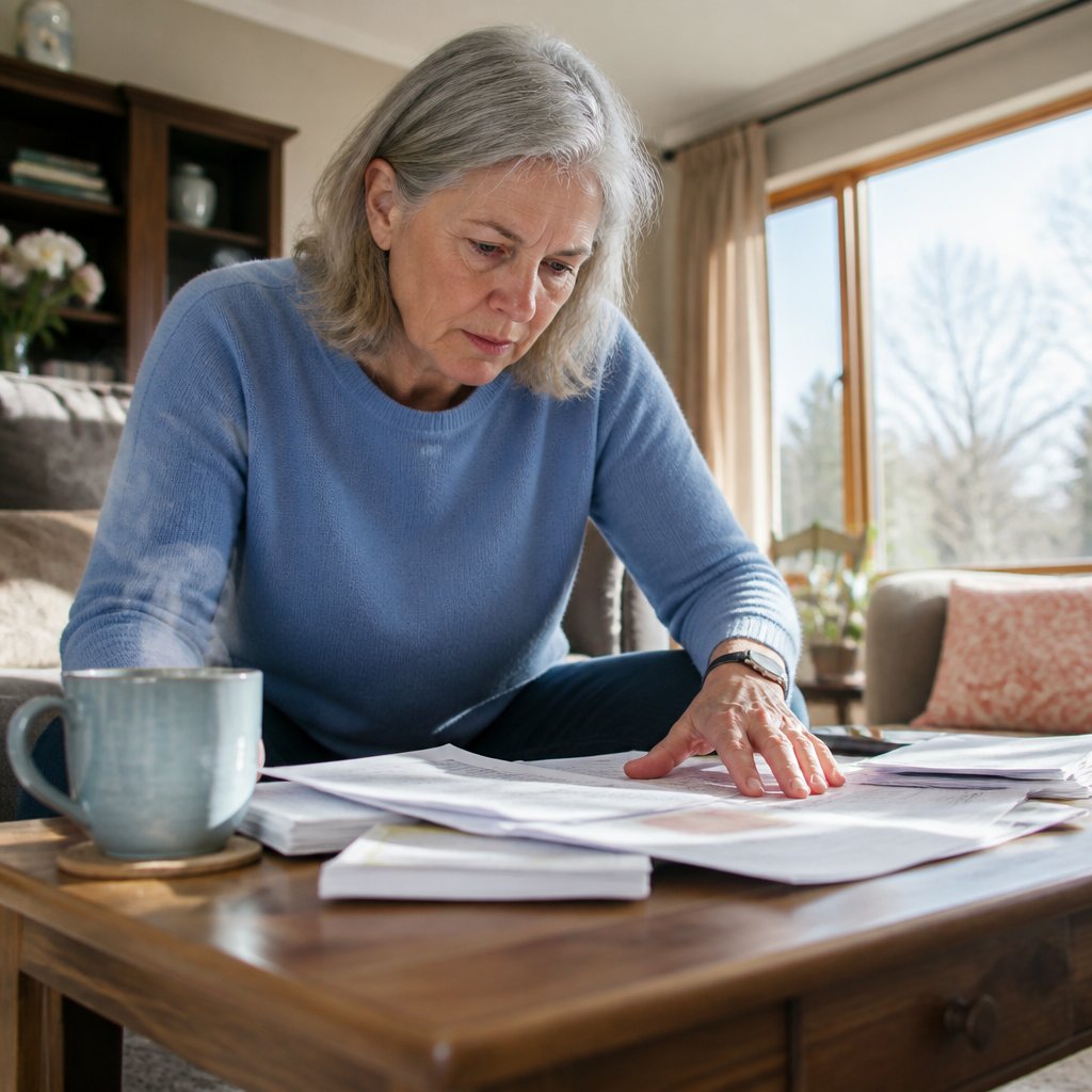 Woman studying legal documents at home, looking worried and tense.