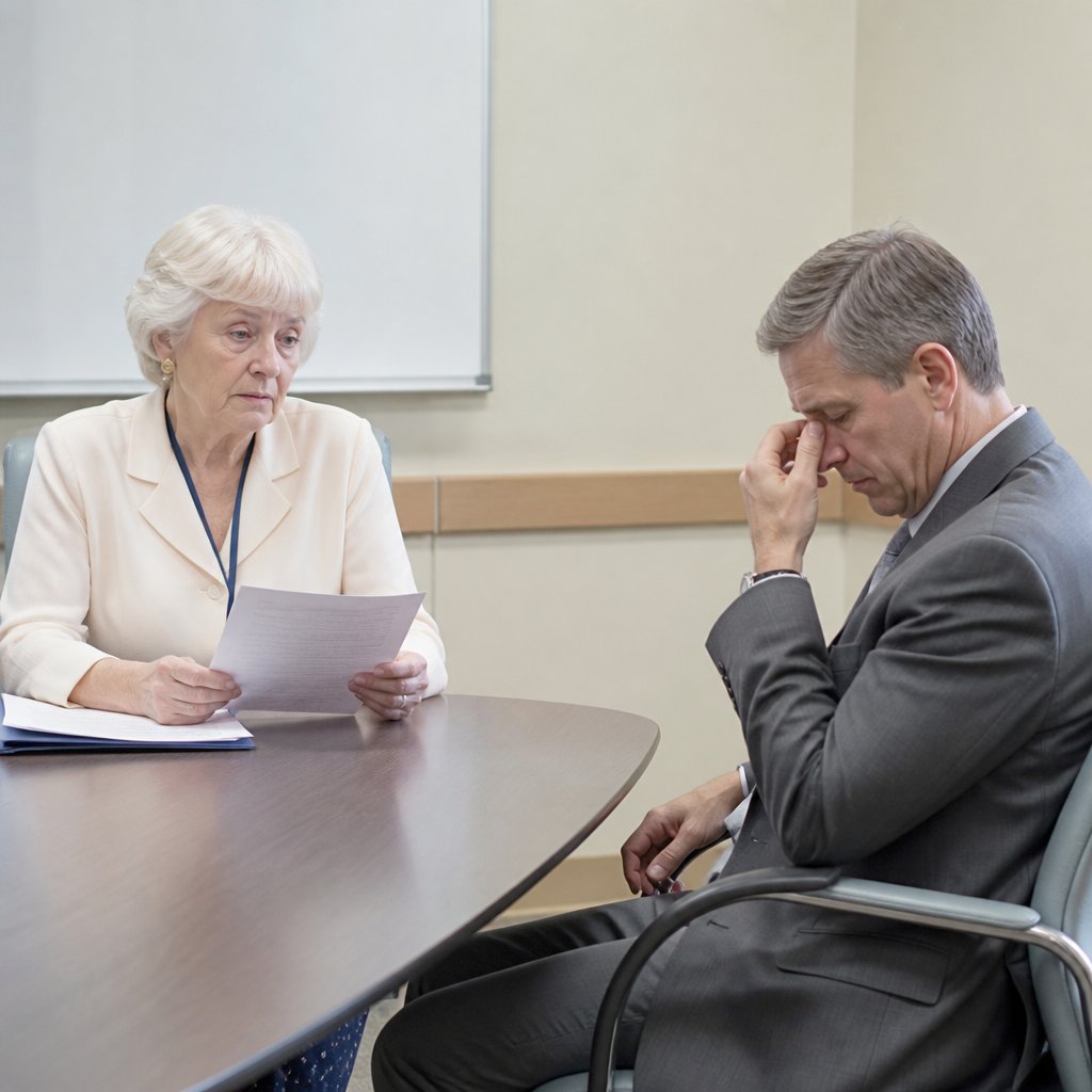 Older white woman presents evidence to a nervous man during a hospital deposition.