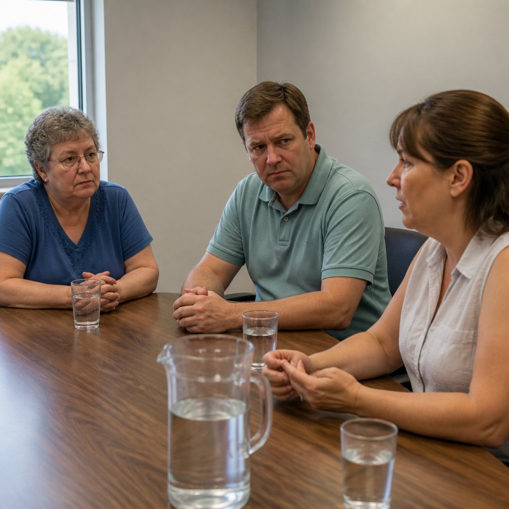 Two company officials admitting data deletion to a woman during a tense meeting in a conference room.