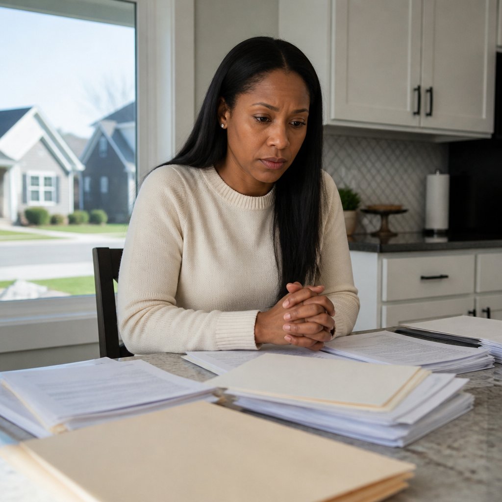 Woman sitting at kitchen table with court documents, looking worried but determined.