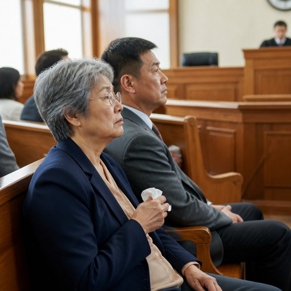 Older East Asian woman in courtroom gallery looking anxious during trial proceedings.