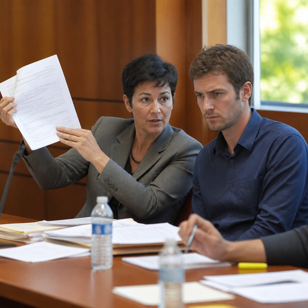 Lawyer presenting internal emails during pretrial meeting while Derek listens anxiously.