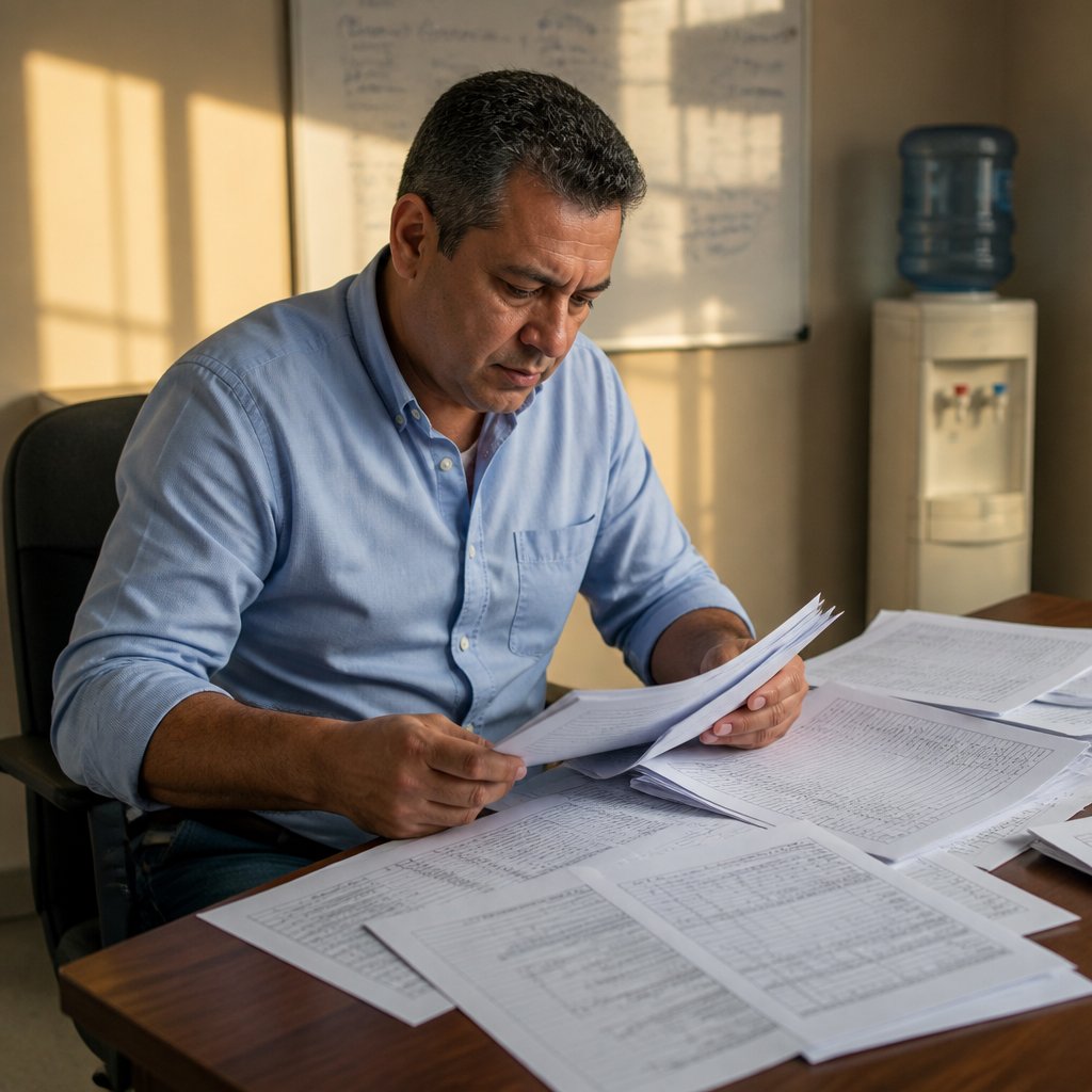 Latino man reviewing printed finance documents in a small HR office.