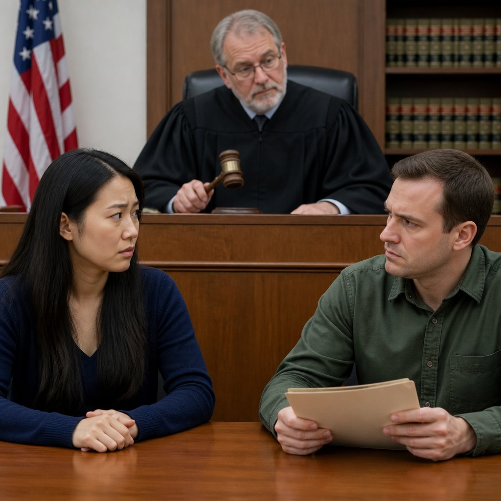 Judge delivering a ruling to a worried woman and a man in a small claims courtroom.