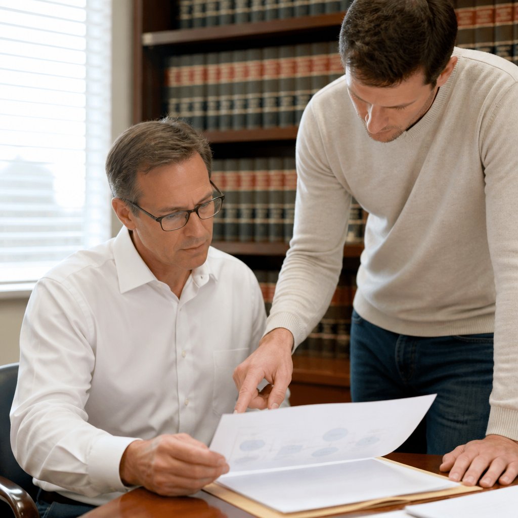Man reviewing digital forensic report with expert in law office