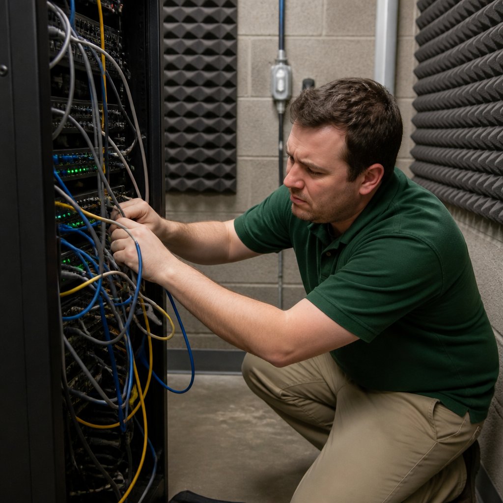 Technician working on hospital network equipment, adjusting routers and cables.