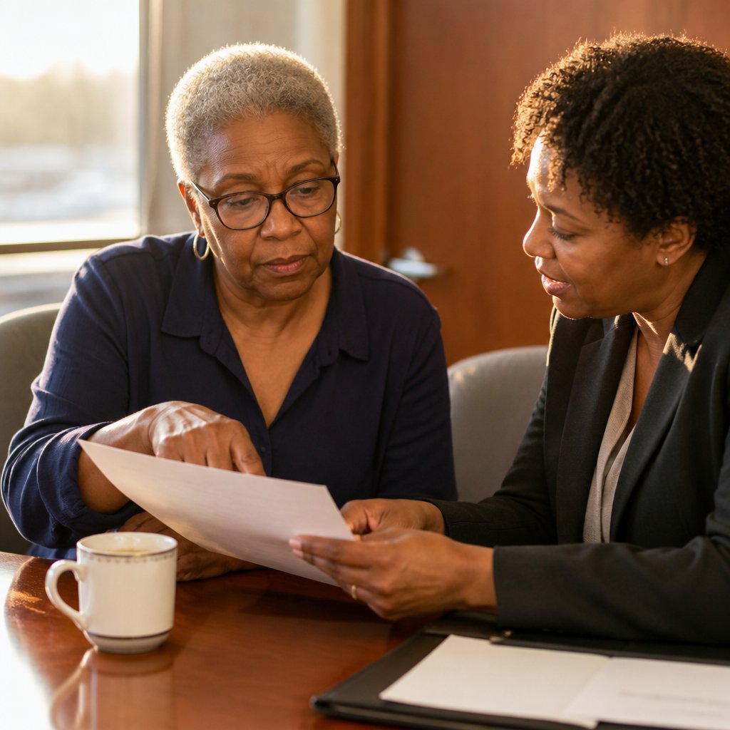 Black woman and her lawyer closely examining a questionable training certificate at a conference table.