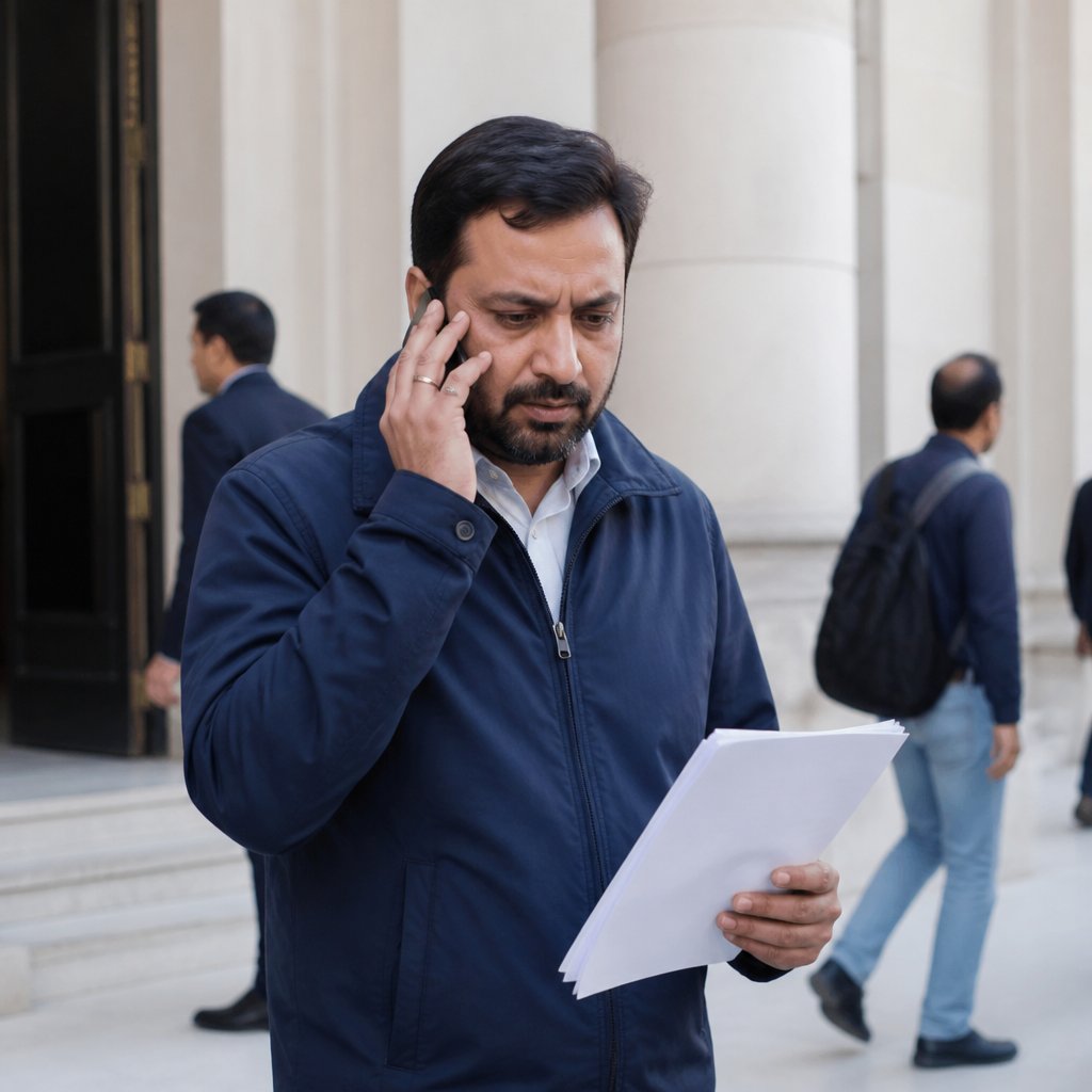Man outside government building receiving urgent phone call