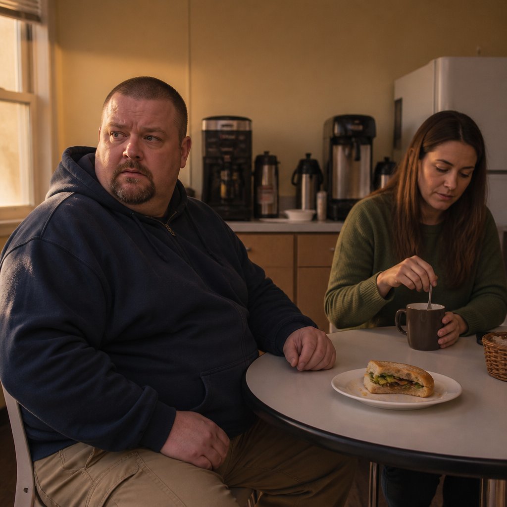 Heavyset man in navy hoodie looking worried at break room table with coffee and sandwich, woman stirring coffee beside him.