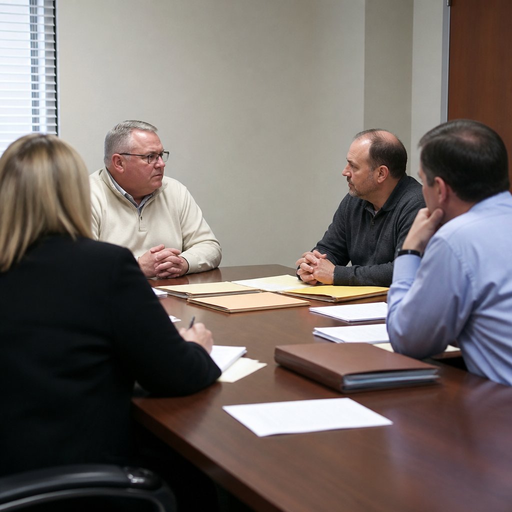 Man and attorney sit in mediation with opposing party and lawyers in a conference room.