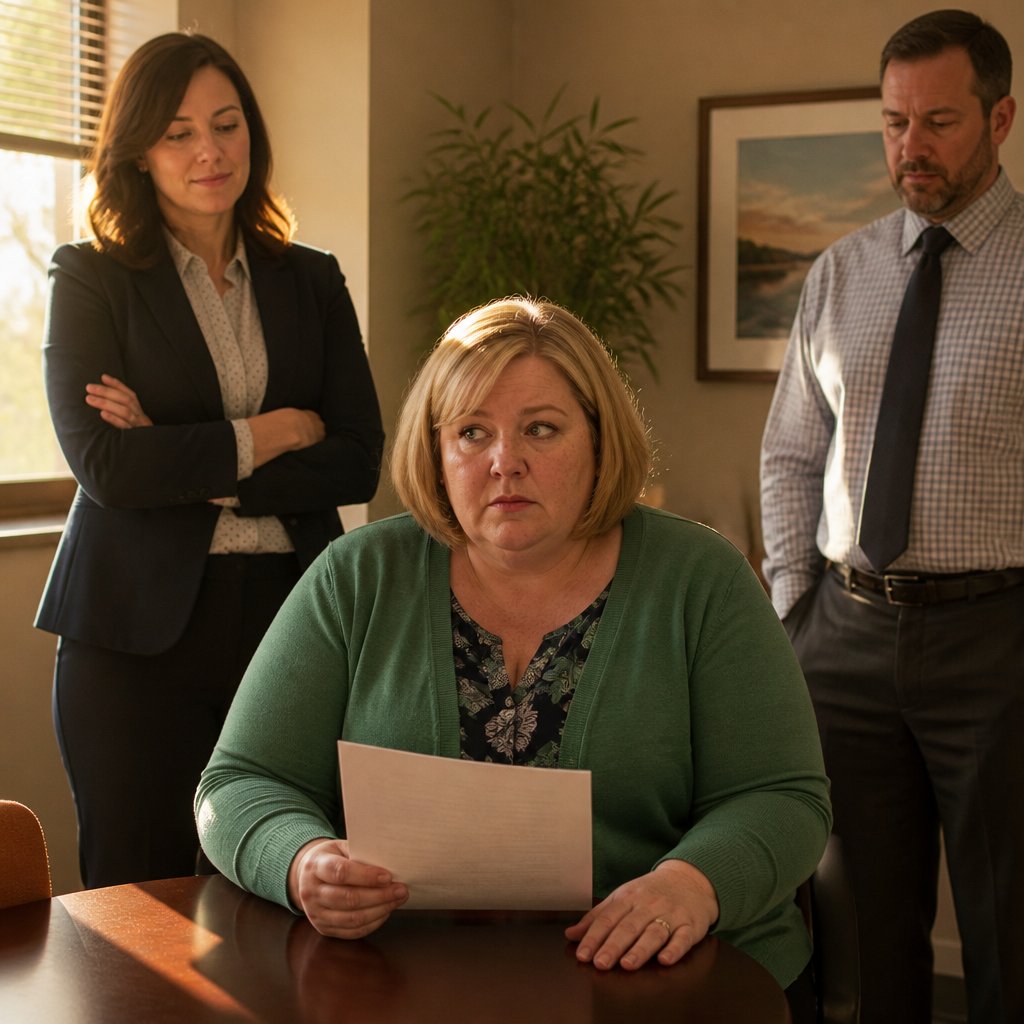 Woman nervously holding a document at HR conference table with two people waiting.