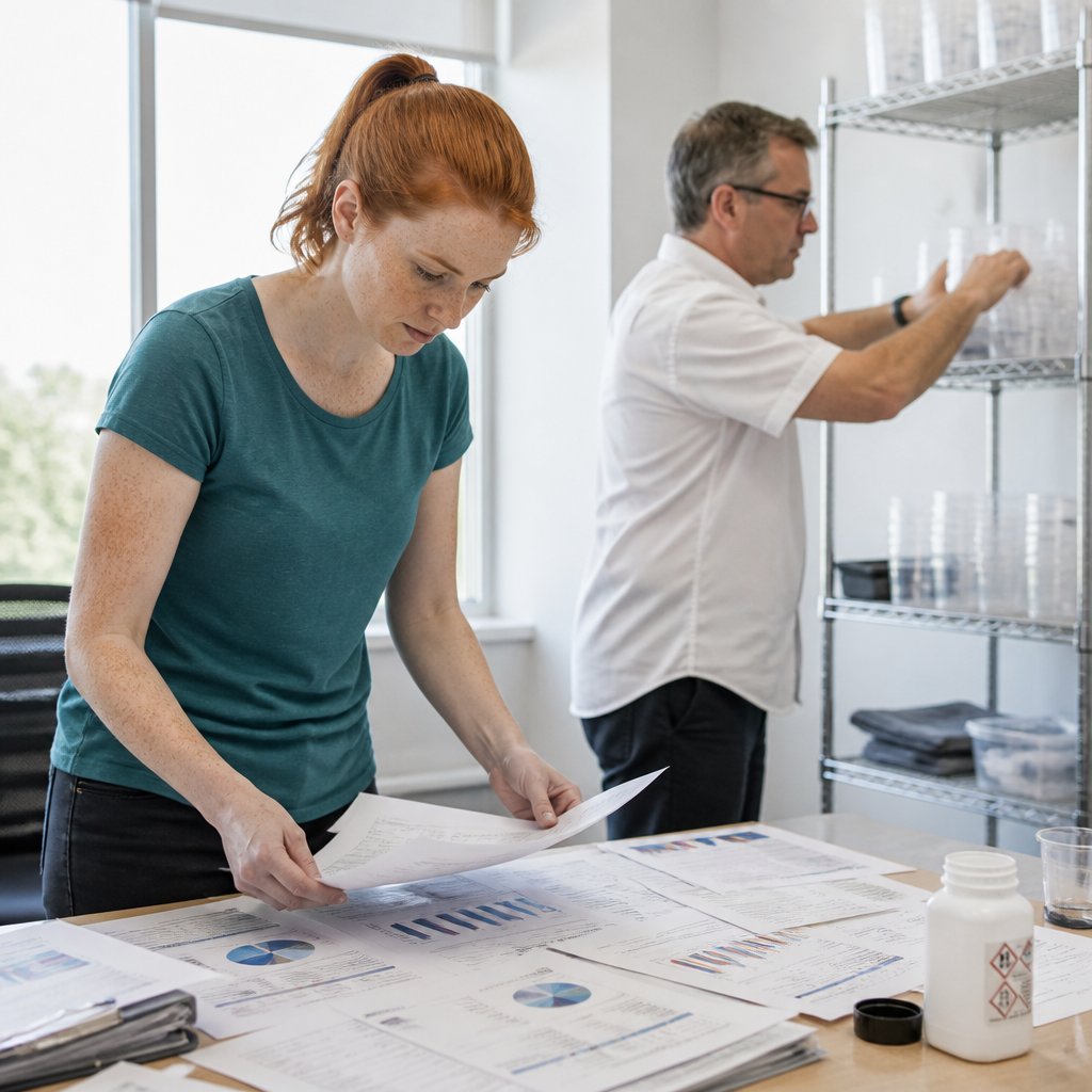Woman reviewing papers in clinic office with lab technician and test cups