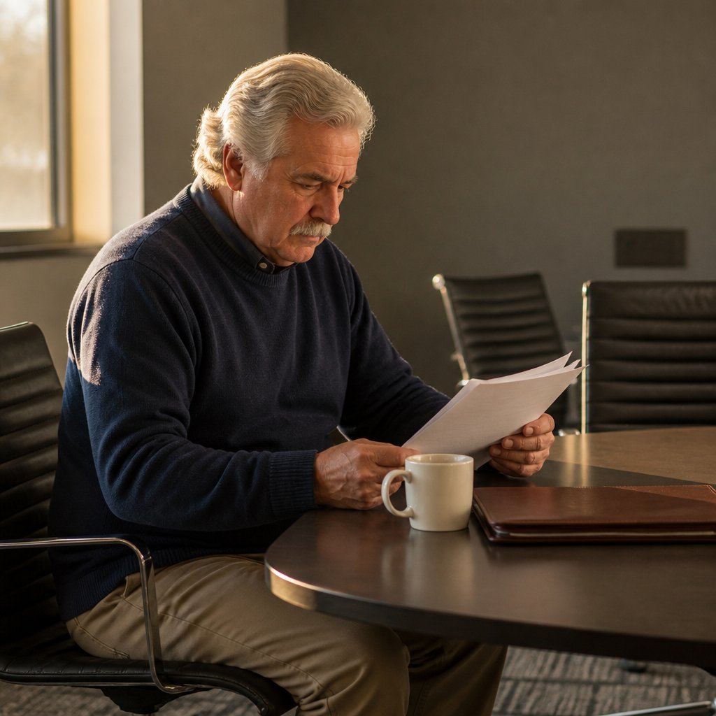 Older white man studying printed documents in a conference room looking troubled.