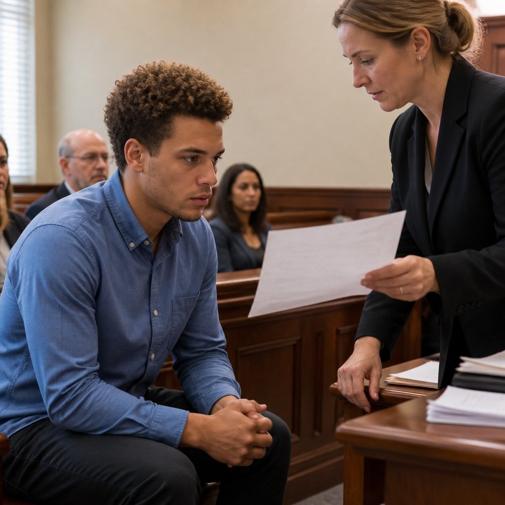 A young man listens carefully to courtroom evidence presented by a clerk in a formal hearing room.
