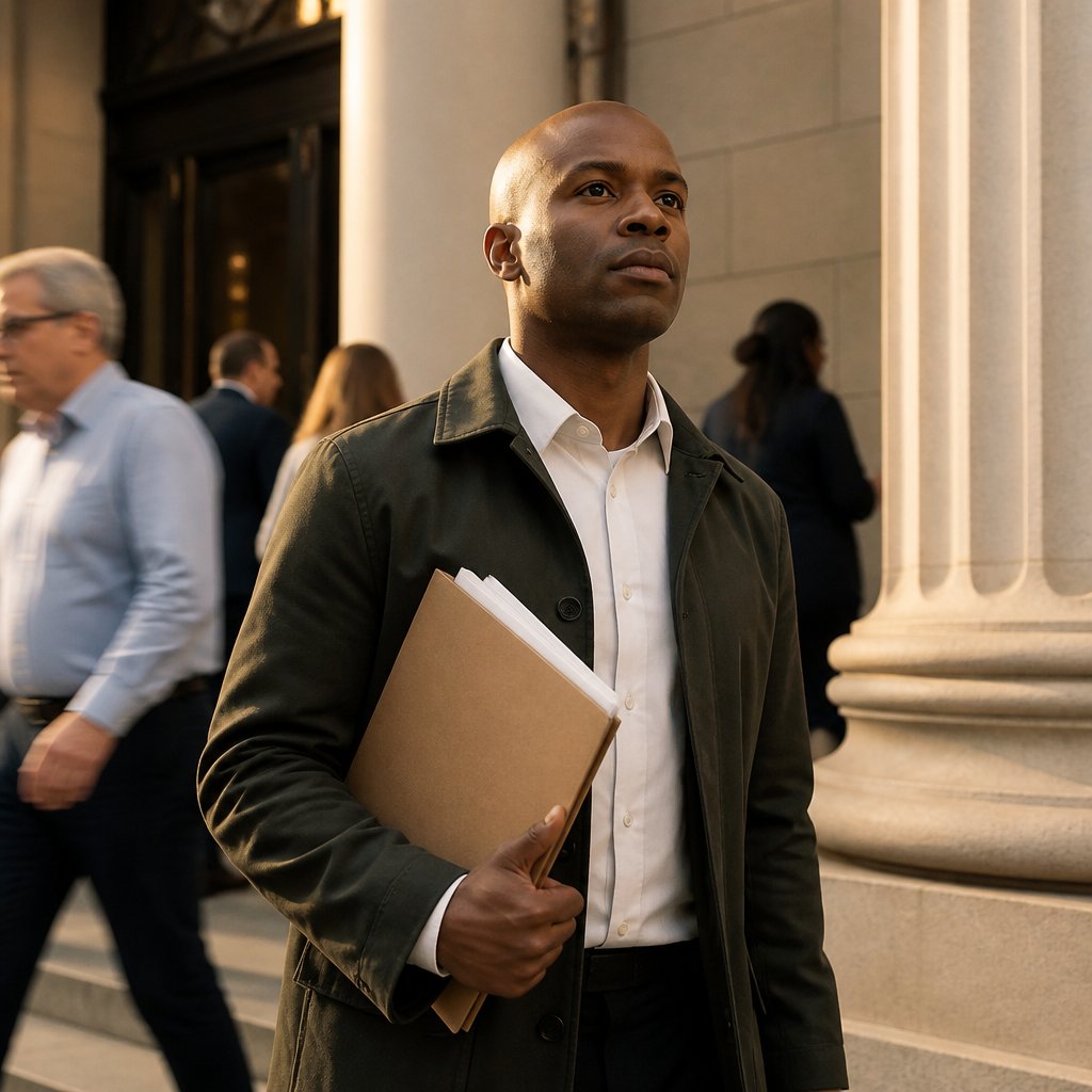 Black man holding documents outside courthouse, looking determined amid passing pedestrians.