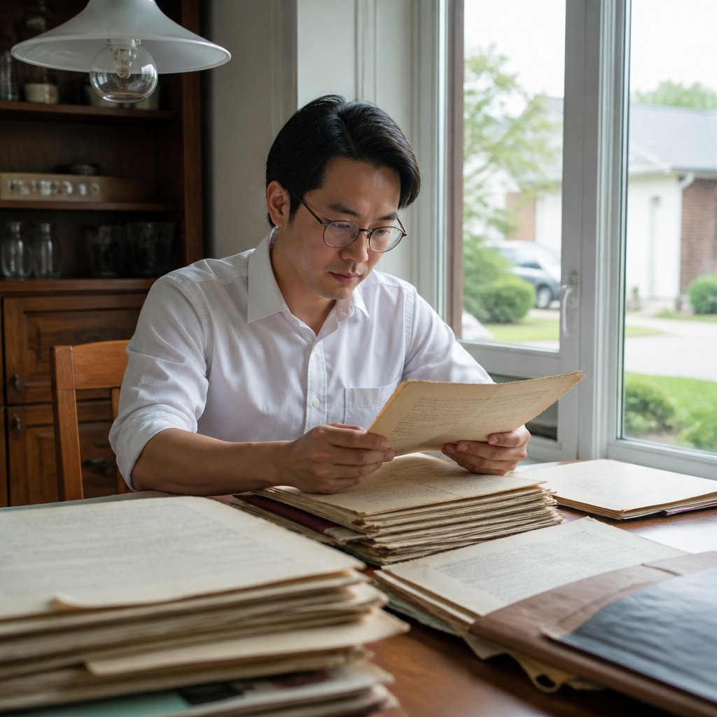 Man examining old legal documents at dining table, looking thoughtful and slightly worried.