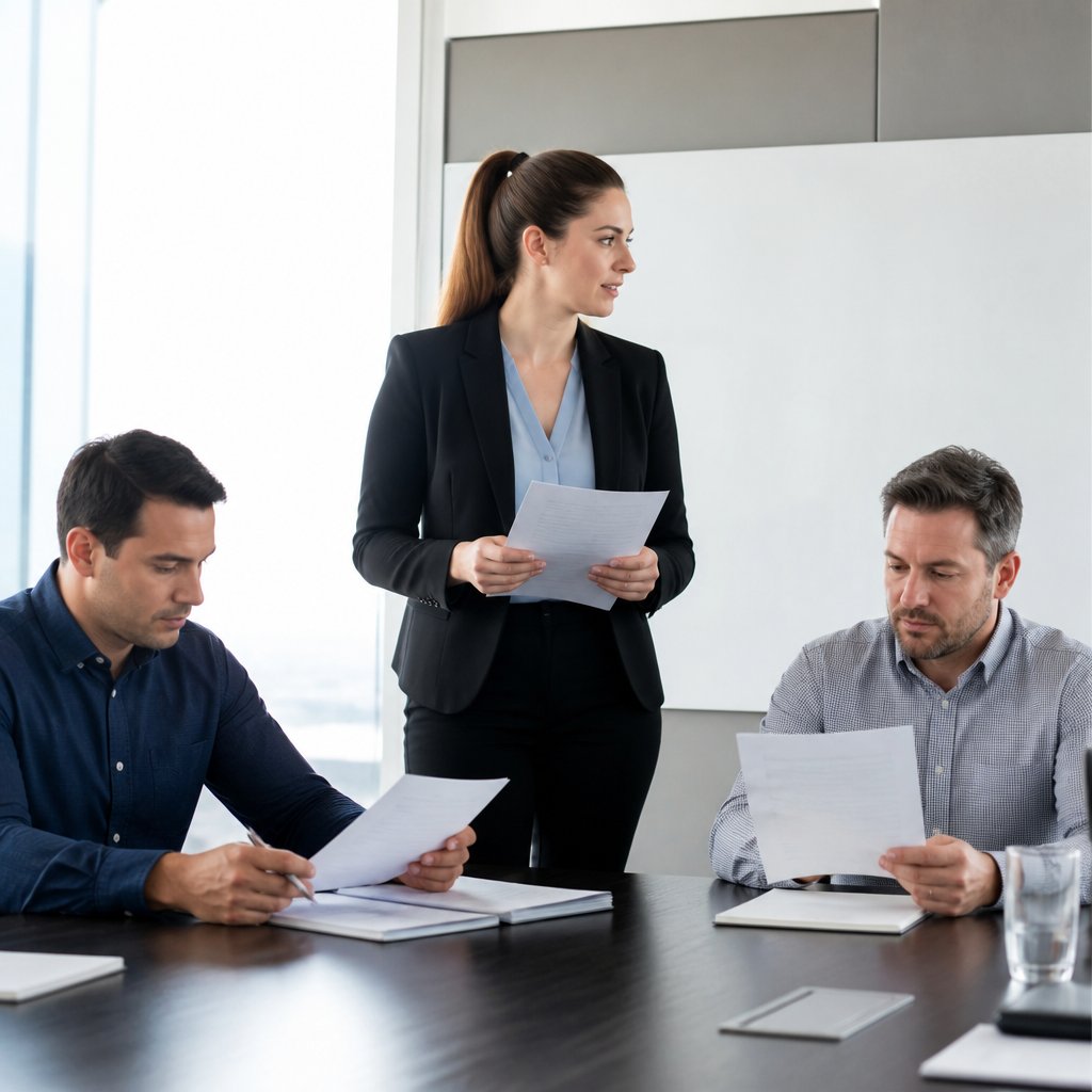 Business meeting reviewing emails in conference room, woman presenting information