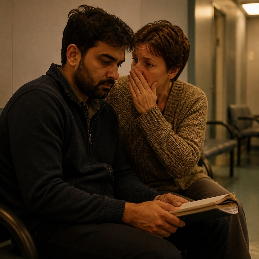 Man listens intently as a woman whispers confidential information in a hospital legal waiting area.