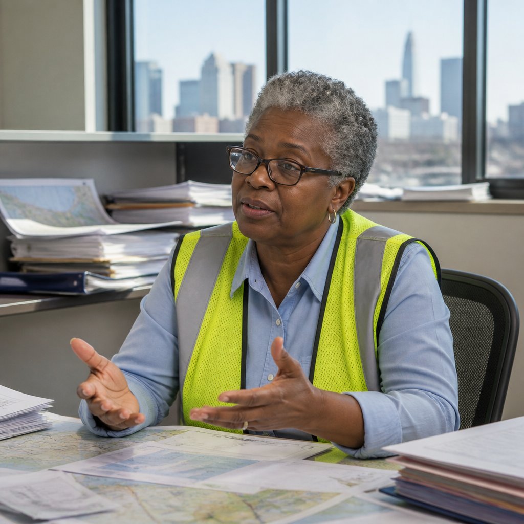 City inspector explaining missing documentation from her cluttered cubicle.
