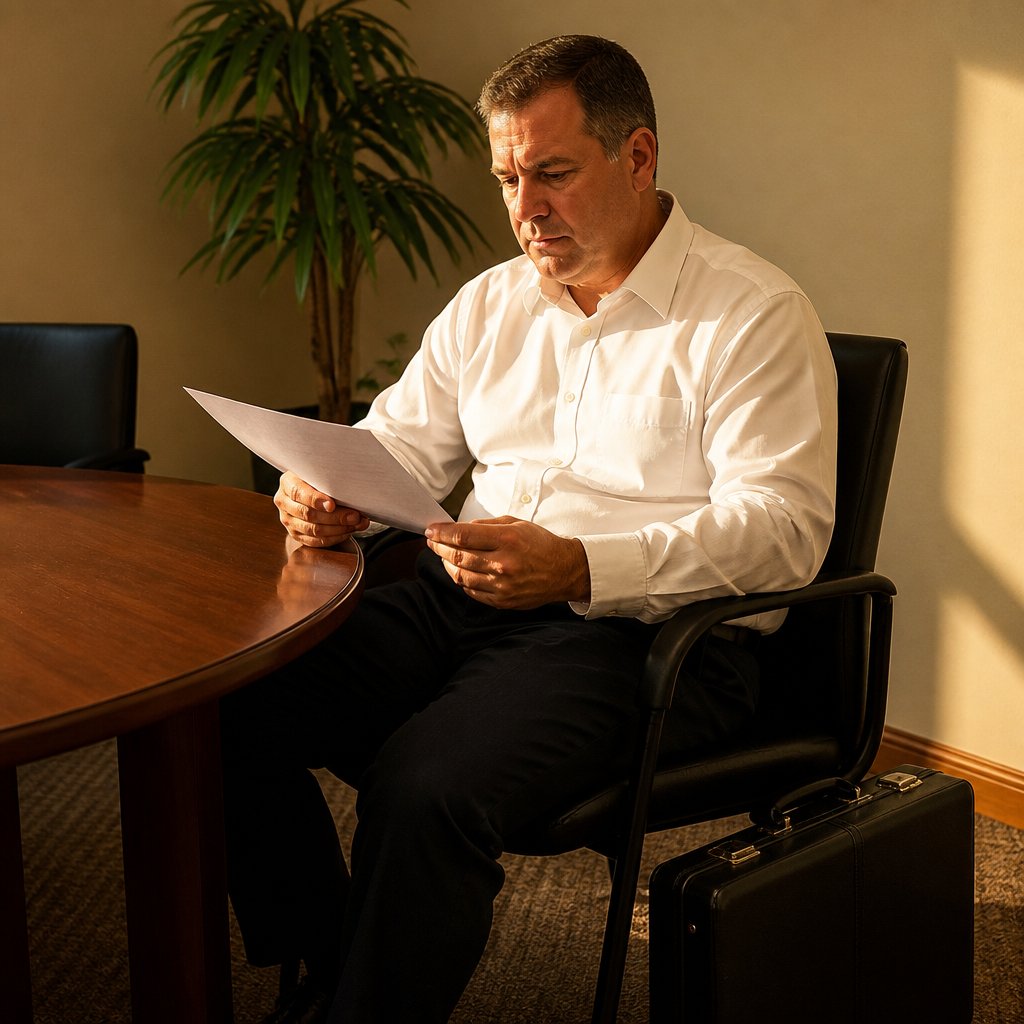 Man in white shirt reads a printed email at office conference table, looking focused.