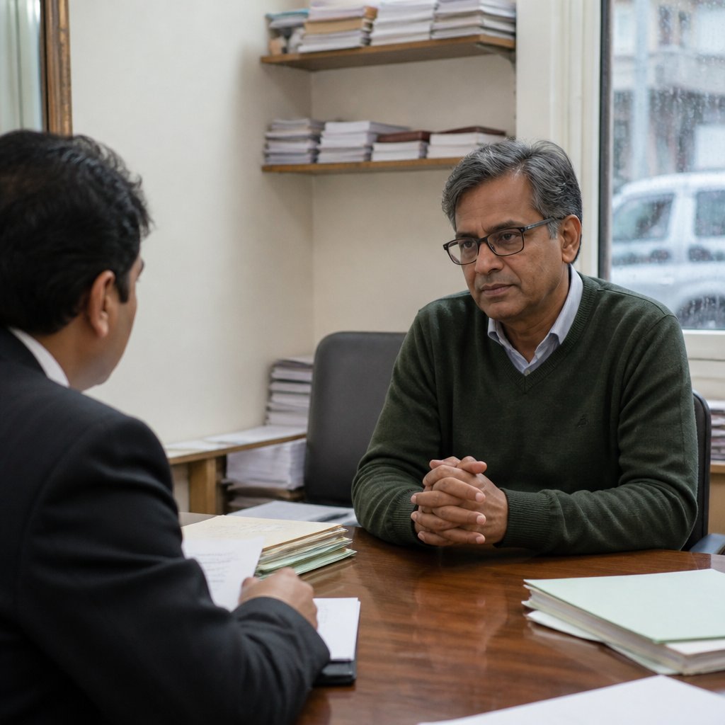 Man contemplating settlement papers with a lawyer in an office