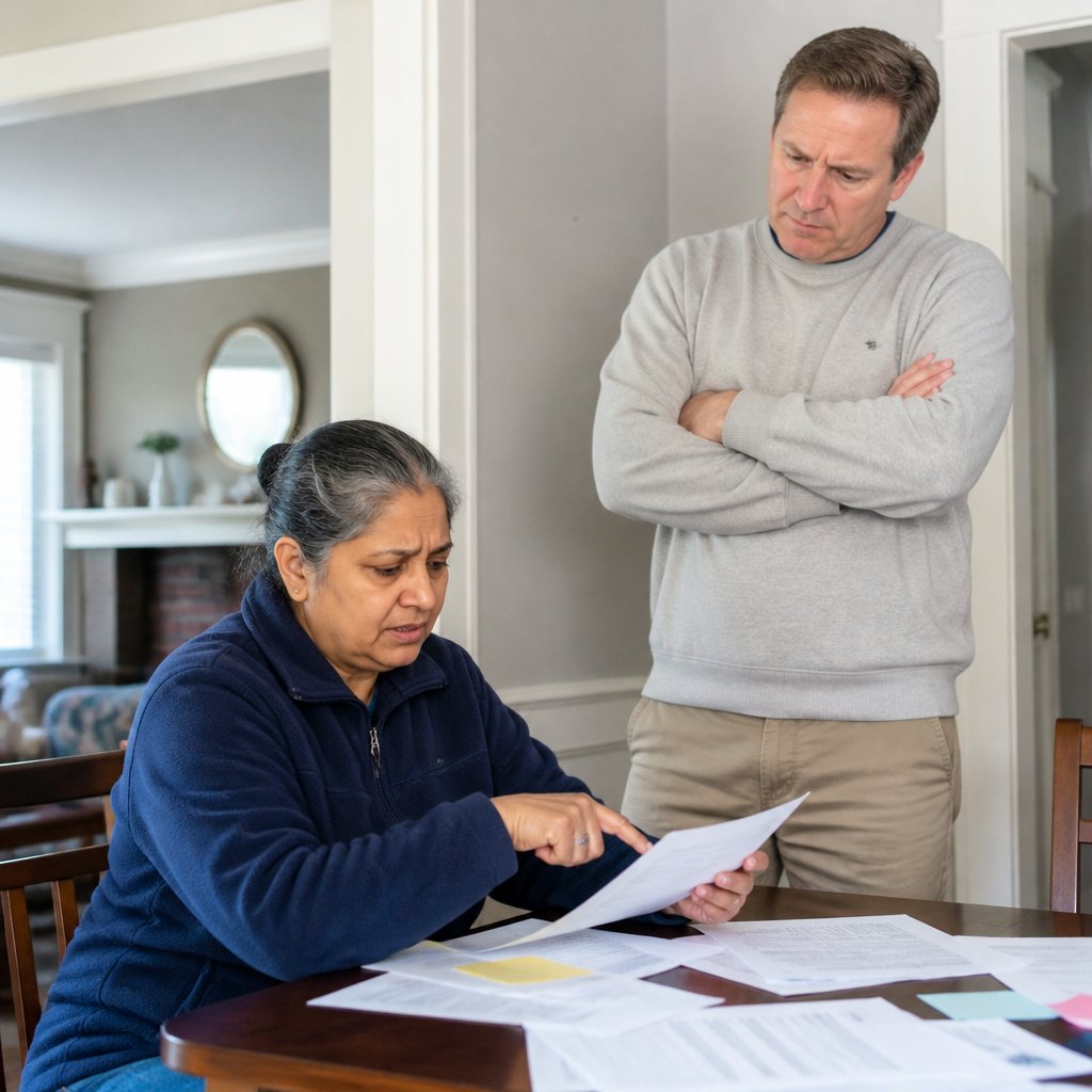 Woman at table explaining documents to man standing nearby, both focused and serious.