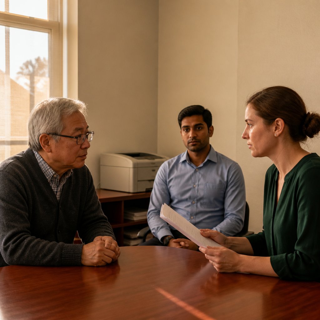 HR manager presents severance agreement to tense older East Asian man in HR office.