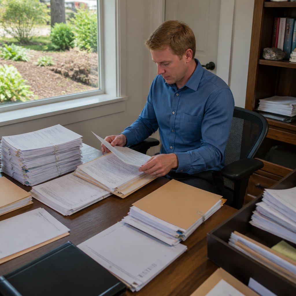 Man organizing legal documents in a home office, looking determined and focused.