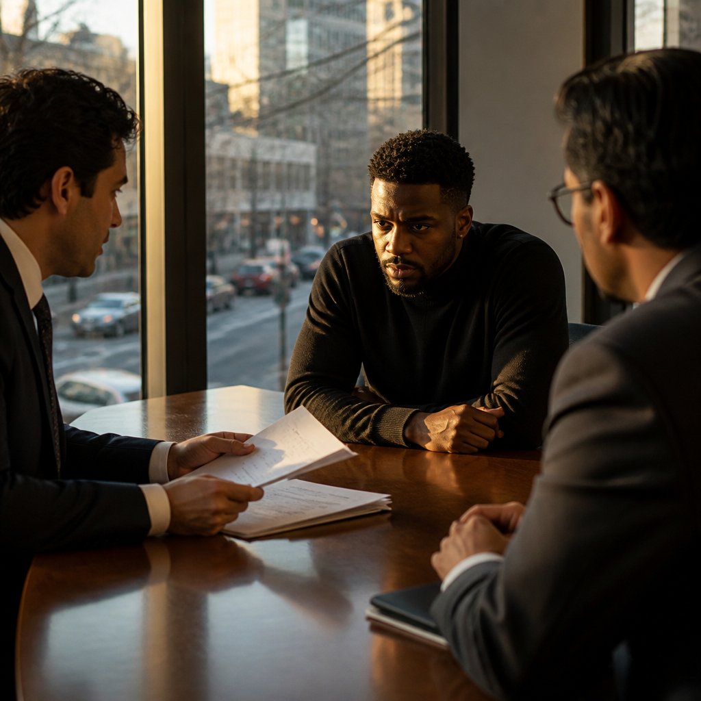 A Black man in a meeting room listens intently to lawyers discussing trade secret claims