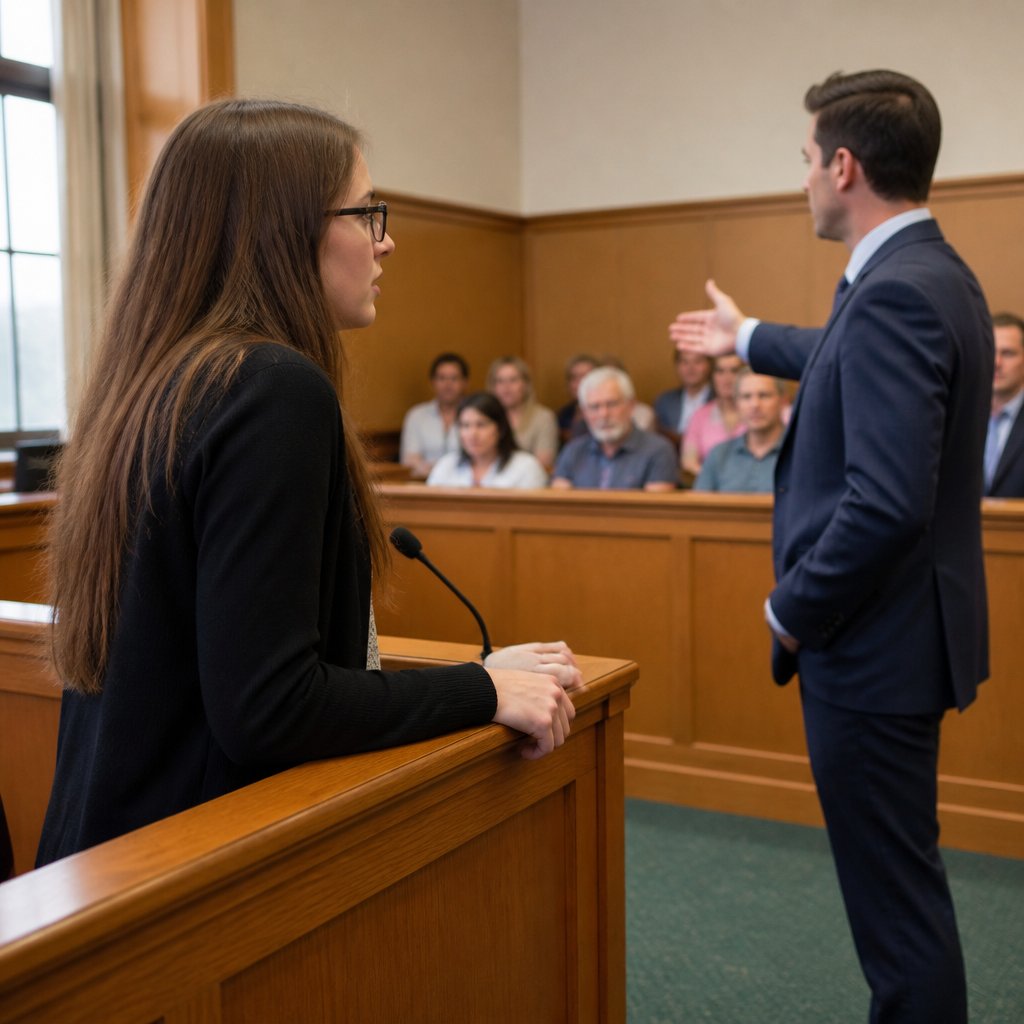 Defense lawyer addressing jury as plaintiff prepares to testify in a courtroom.