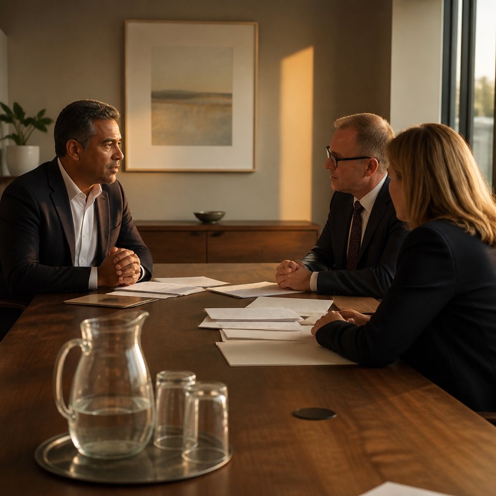 Man faces corporate lawyers in conference room during tense settlement talks.
