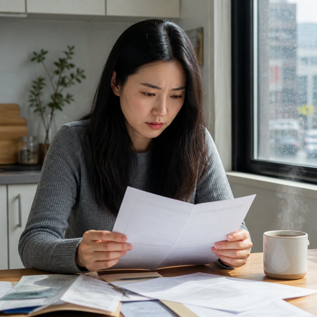 Woman reading an inspection report at her kitchen table looking worried and overwhelmed.
