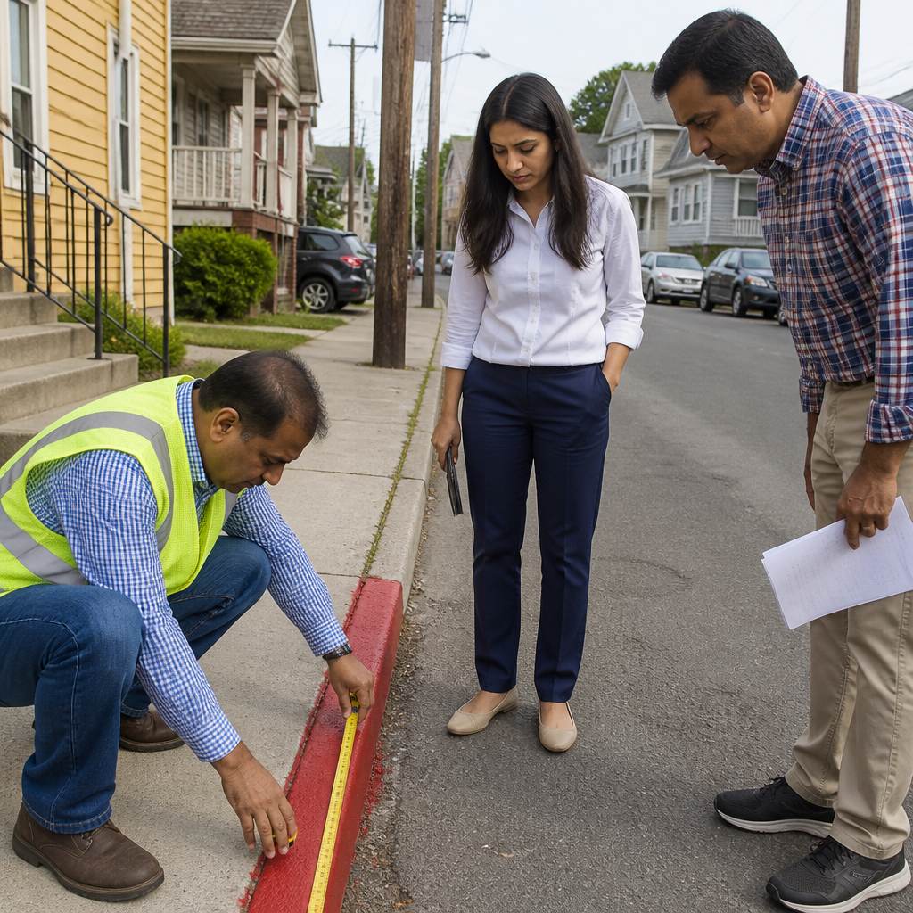 Woman watching city inspector measure a freshly painted curb while a man observes.