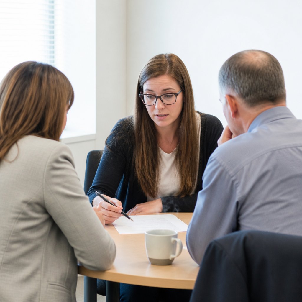 Young woman hesitating over settlement documents with hospital risk managers in an office.