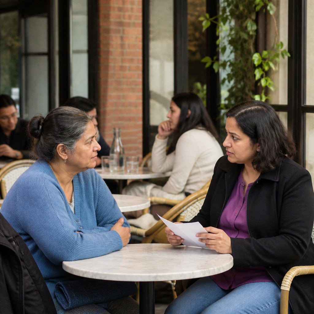 Two women at a café table, one sharing confidential notes with a concerned older woman.