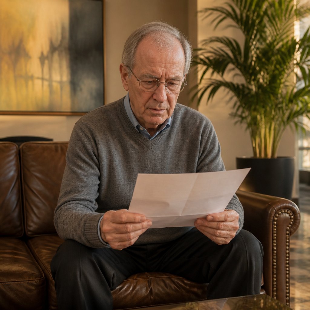 Older man reading a termination letter on a couch, looking conflicted and tense.