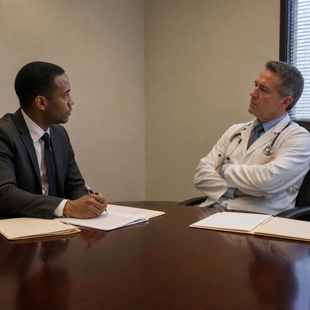 Man in suit faces calm surgeon in lab coat during legal deposition.