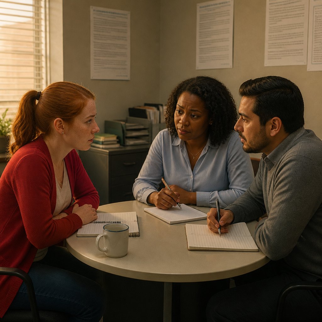 Three office employees in an HR room strategize intensely over documents amid company posters and coffee mugs.