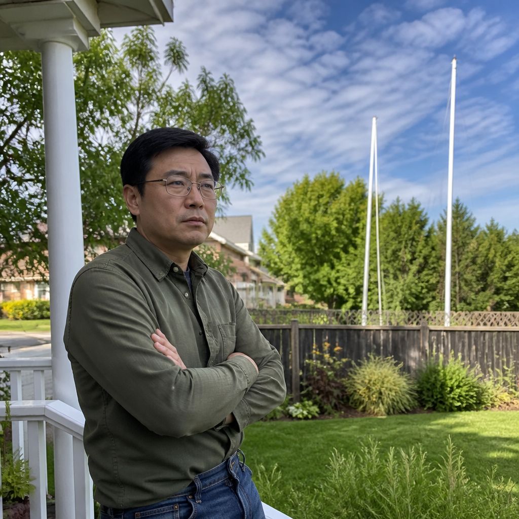 Man on porch looking at neighbor's sail poles flagged by city inspector.