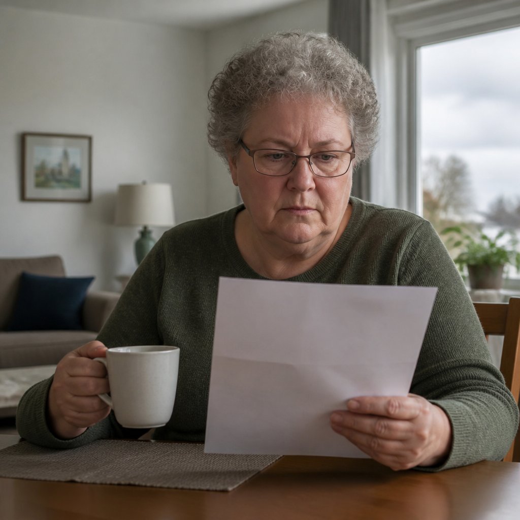 Woman reading termination letter at home, showing a mix of resolve and frustration.