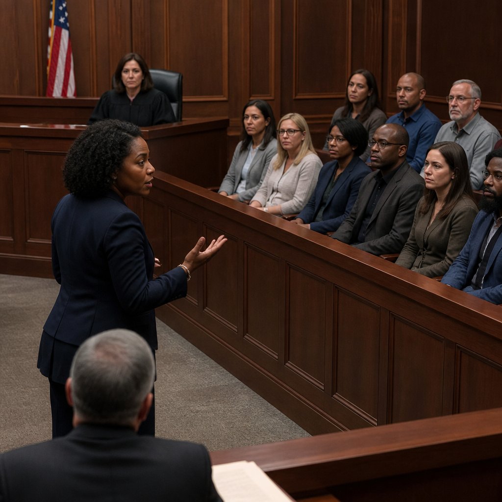 Plaintiff's lawyer addressing the jury during opening statements in American courtroom