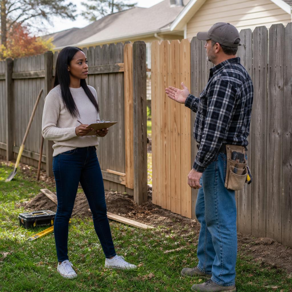 Woman talks seriously with handyman near a wooden fence, clipboard in hand, tools on the ground.
