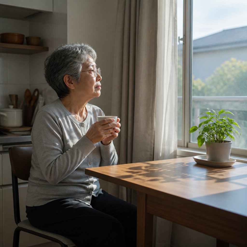 Older East Asian woman sitting alone at home kitchen table, looking thoughtful while holding a cup of tea.
