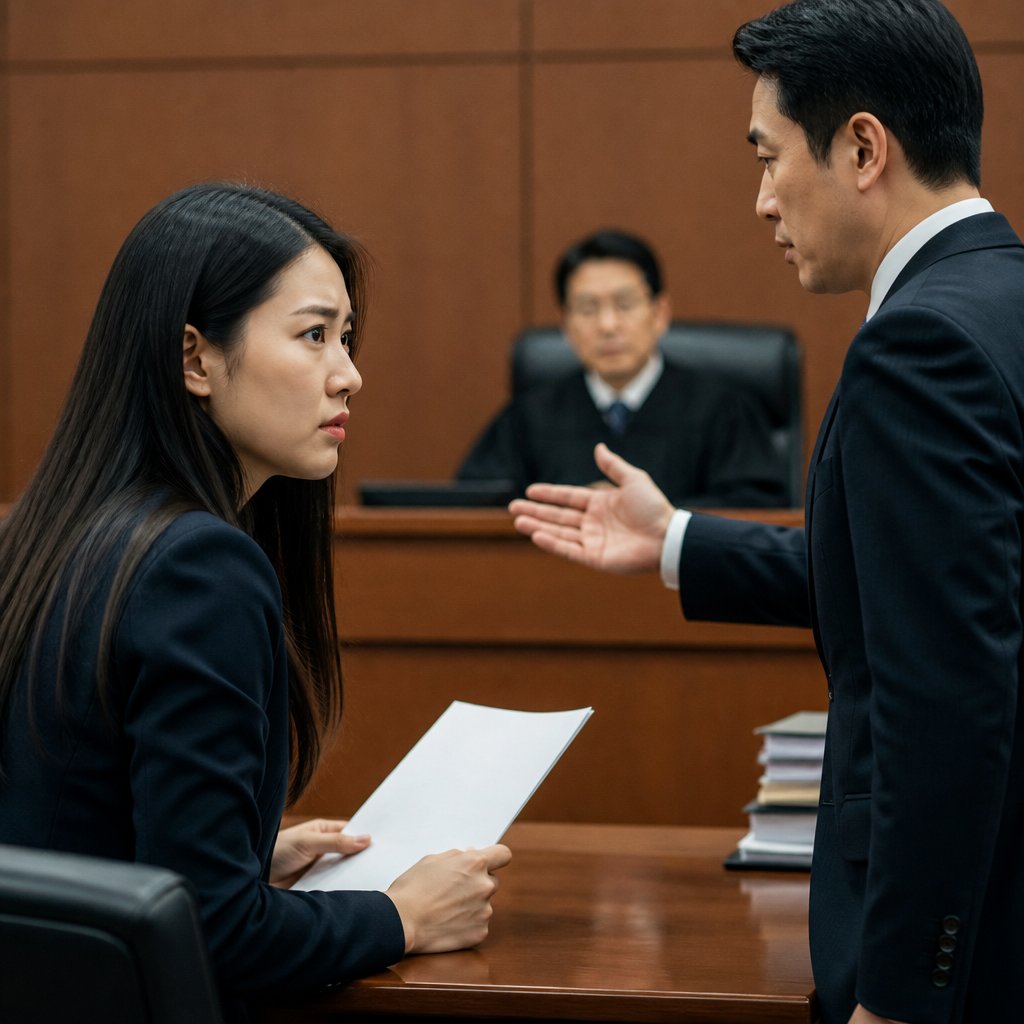 Woman holding a legal paper as lawyer argues in a courtroom, tension visible on her face.