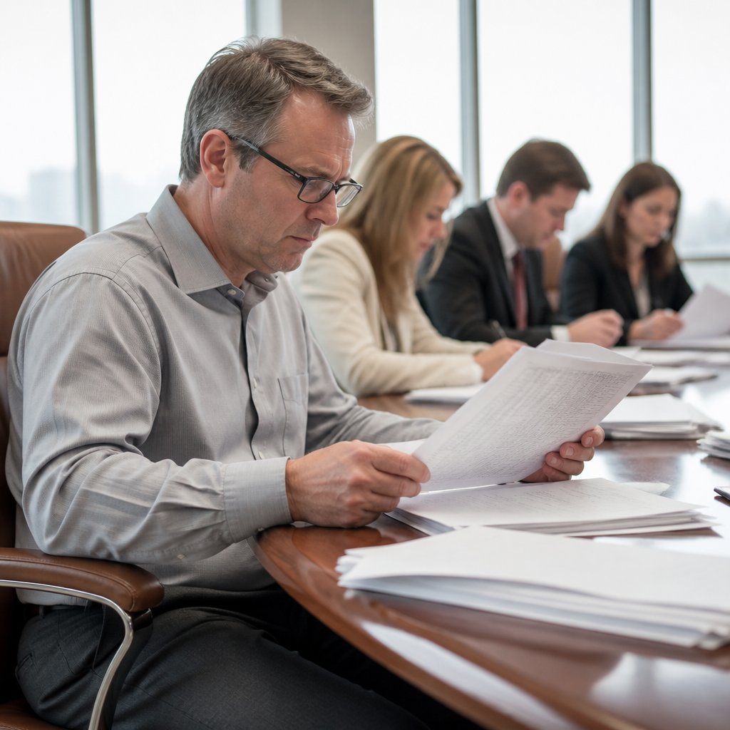 Man examining vendor server logs with lawyers in courthouse conference room
