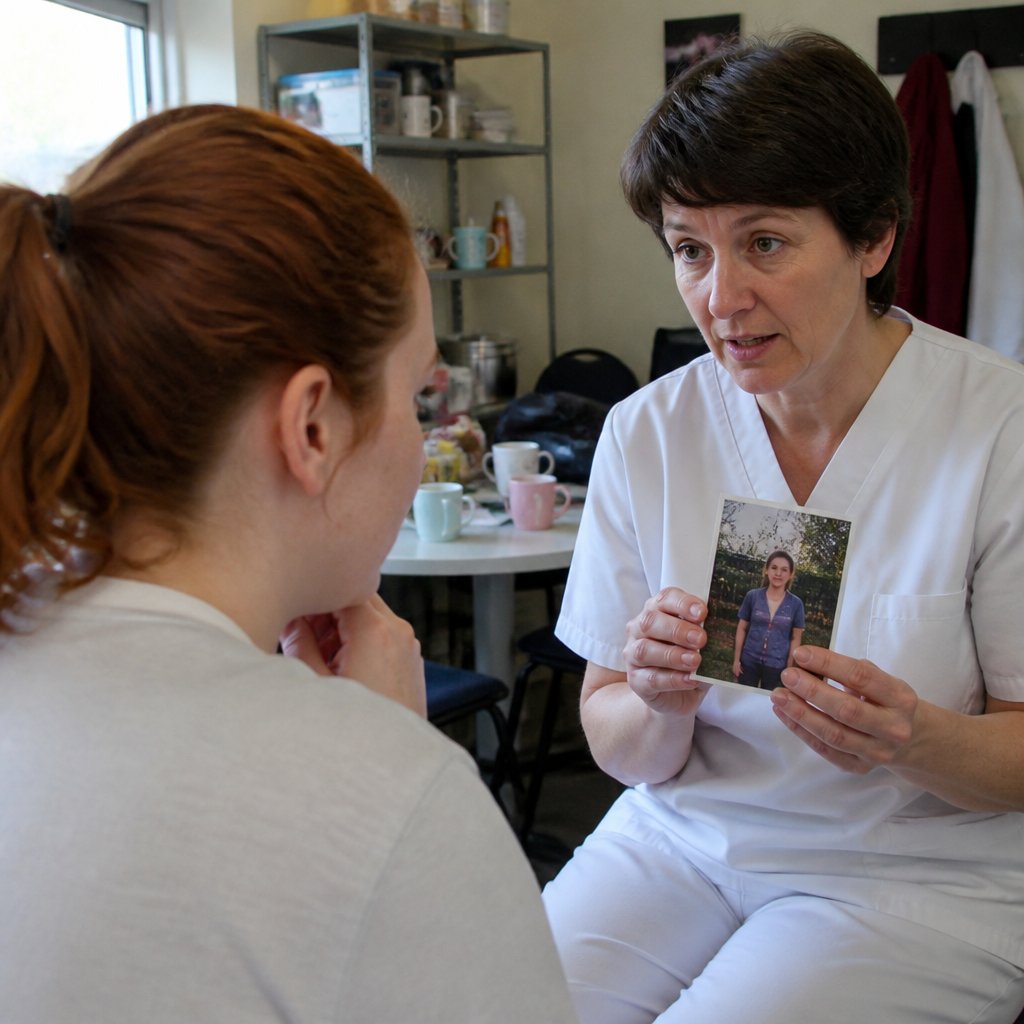 A nurse in a hospital break room showing a photograph, nervous but firm.