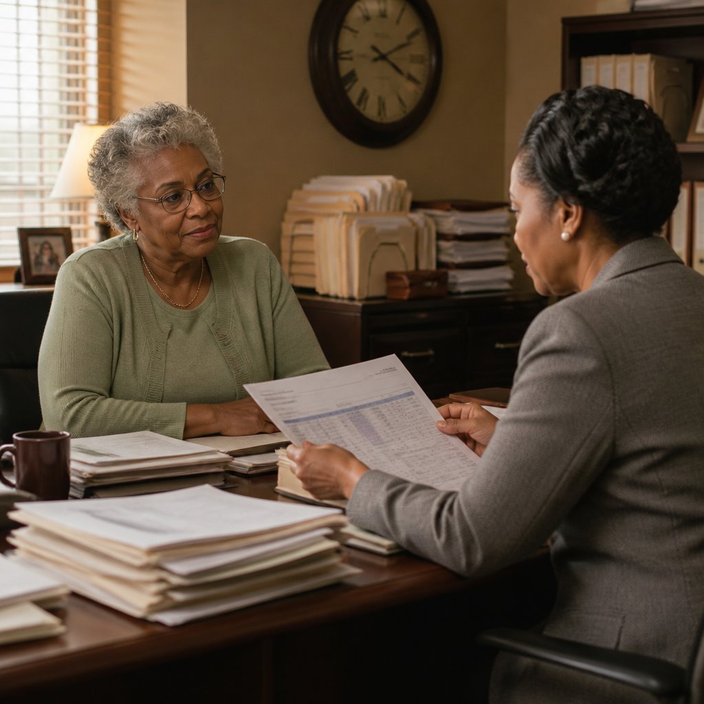 Black woman and lawyer reviewing vendor report in a small legal office filled with paperwork.