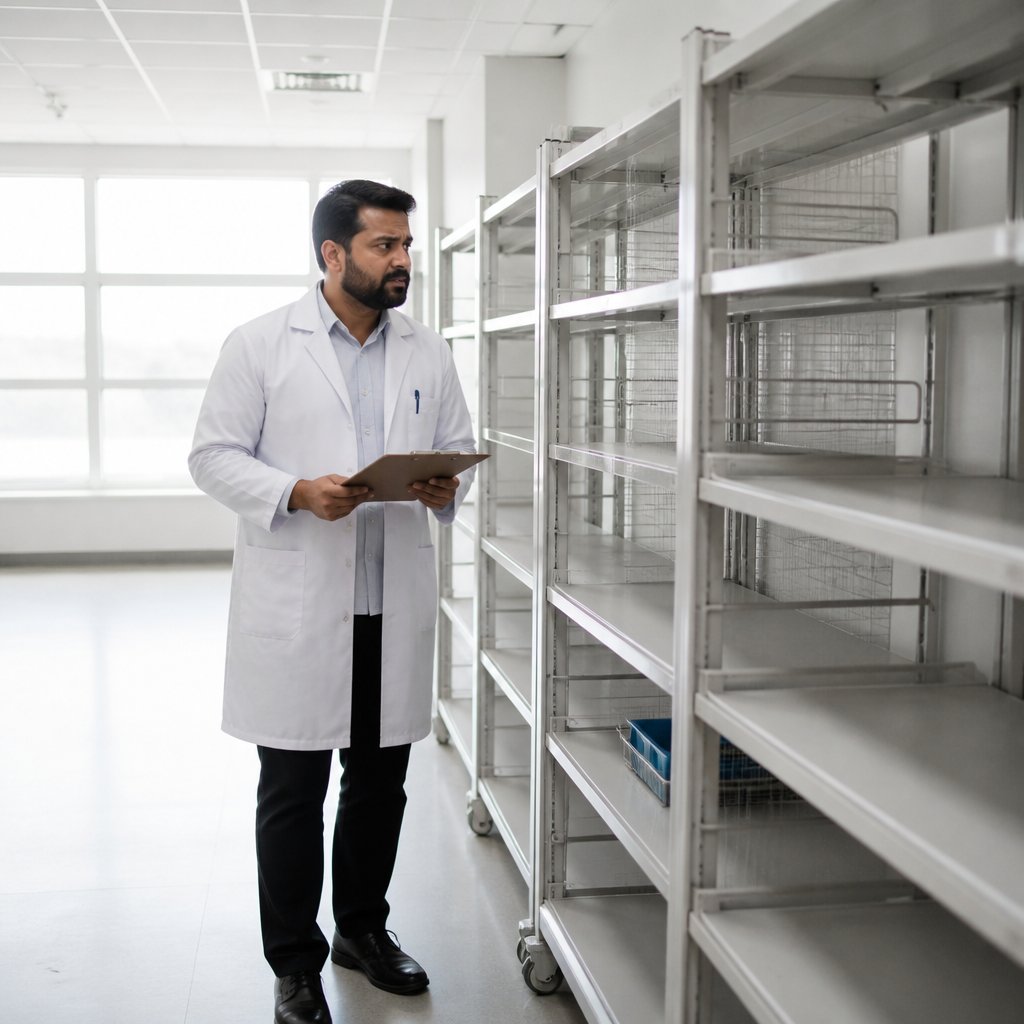 Man in hospital storage room examining missing implant components